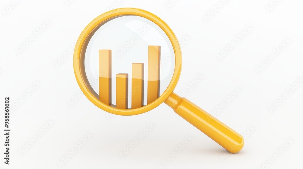 An isolated 3D magnifying glass with a data symbol representing scrutiny and monitoring, isolated on a white background An isolated 3D magnifying glass with a data symbol representing scrutiny and monitoring, isolated on a white background