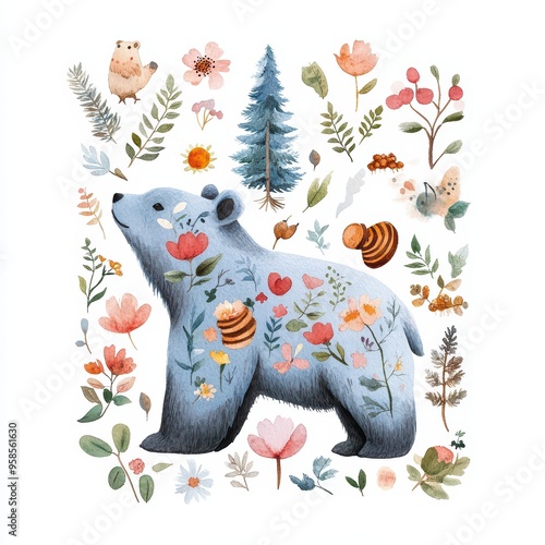 A whimsical illustration featuring a bear adorned with flowers and surrounded by nature elements, conveying a sense of harmony. photo