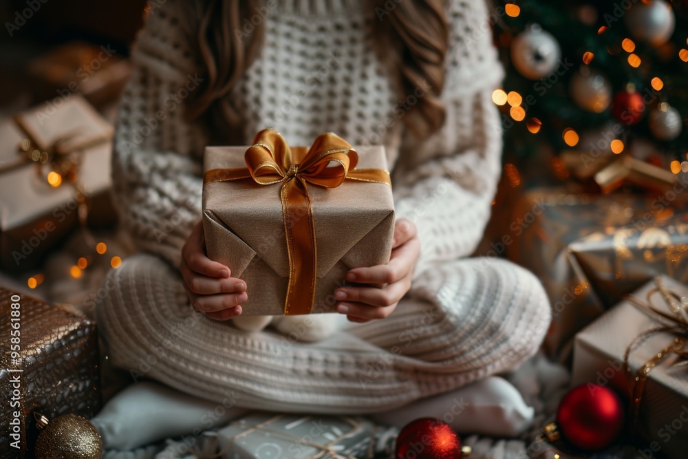 A girl in a sweater sits clutching a wrapped gift with a gold ribbon surrounded by many gifts in a cozy holiday setting in front of a bright Christmas tree decorated with lights and ornaments. A girl in a sweater sits clutching a wrapped gift with a gold ribbon surrounded by many gifts in a cozy holiday setting in front of a bright Christmas tree decorated with lights and ornaments.
