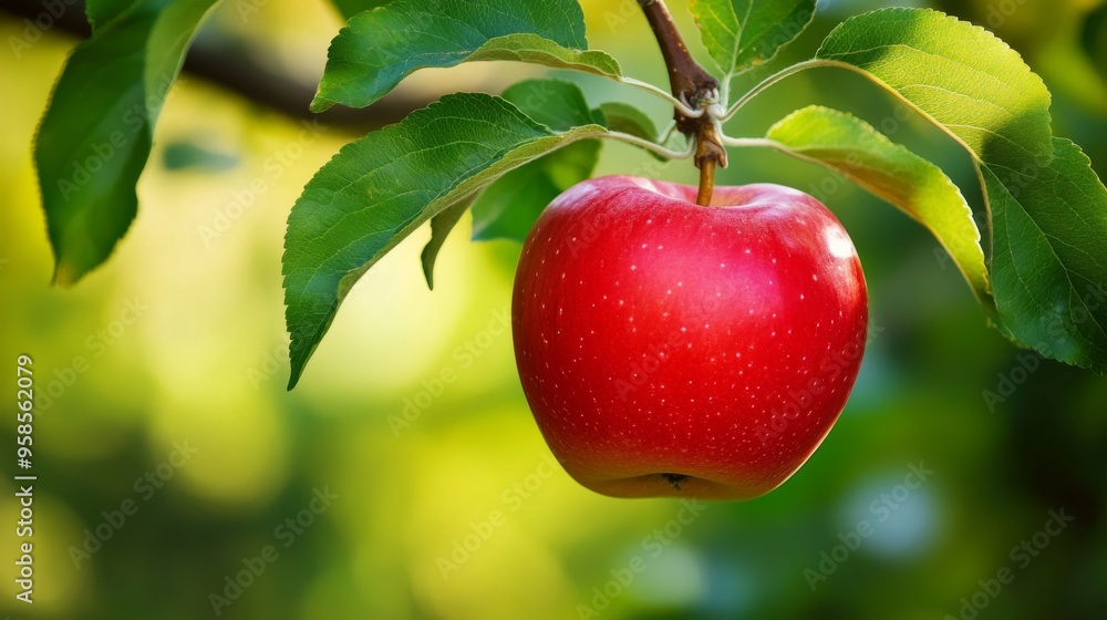 A juicy red apple hanging from a tree branch, contrasting beautifully with the surrounding lush green leaves A juicy red apple hanging from a tree branch, contrasting beautifully with the surrounding lush green leaves