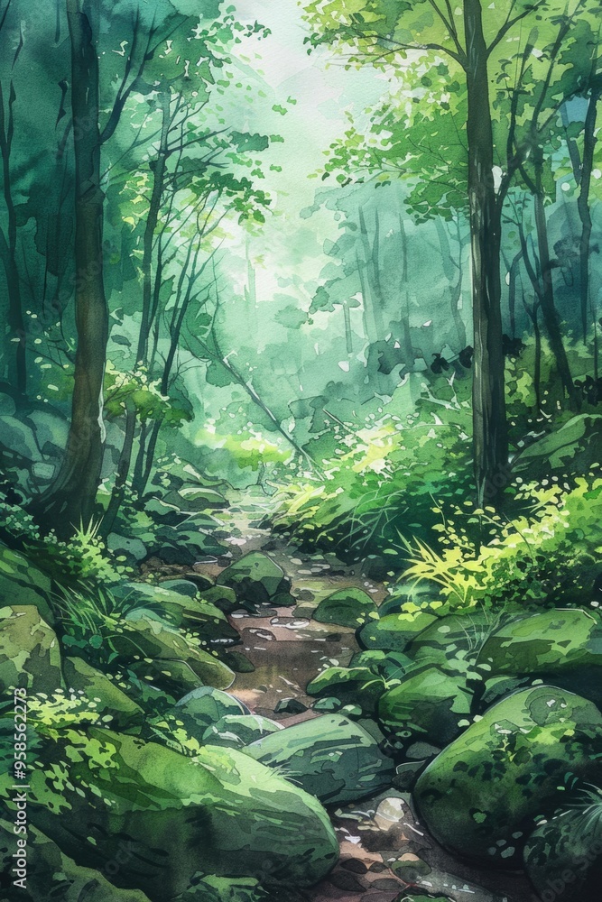 Fototapeta premium Tranquil Forest Scene with Waterfall. Hand-painted Watercolor Illustration of a Peaceful Woodland Environment