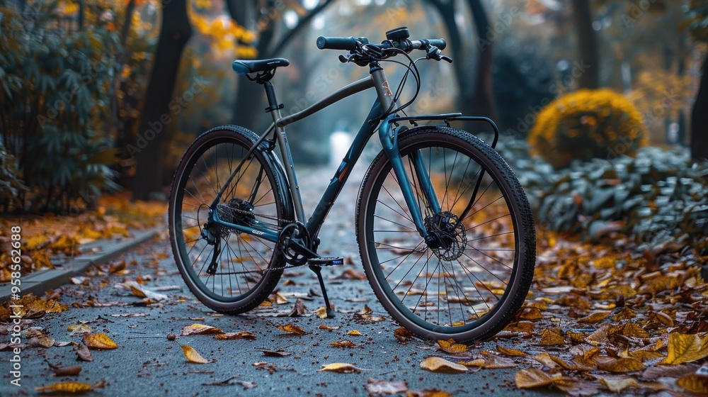 A tranquil autumn afternoon ride through a leafy park with a bicycle resting on a pathway. Generative AI A tranquil autumn afternoon ride through a leafy park with a bicycle resting on a pathway. Generative AI