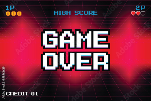 GAME OVER. Synthwave wireframe net illustration. pixel art .8 bit game. retro game. for game assets .Retro Futurism Sci-Fi Background. glowing neon grid. and stars.