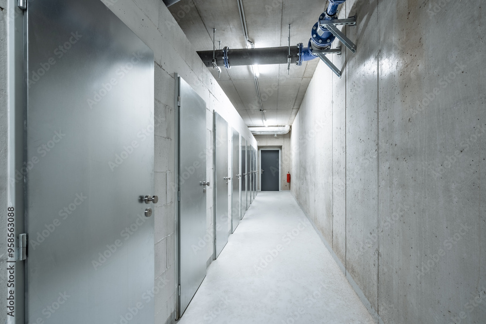 A long, narrow, concrete corridor with metallic doors, industrial lighting, and no visible people, leading towards a closed exit door at the far end. A long, narrow, concrete corridor with metallic doors, industrial lighting, and no visible people, leading towards a closed exit door at the far end.
