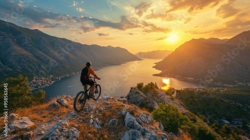 Male mountainbiker at sunset in the mountains photo