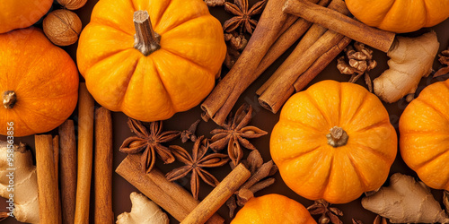 Fototapeta Naklejka Na Ścianę i Meble -  pumpkin spice background. pumpkin spice,  Warm Autumn Seasonal Pumpkin Spice  Featuring Cinnamon, Nutmeg, ginger, allspice,  pumpkin background, spice background  
