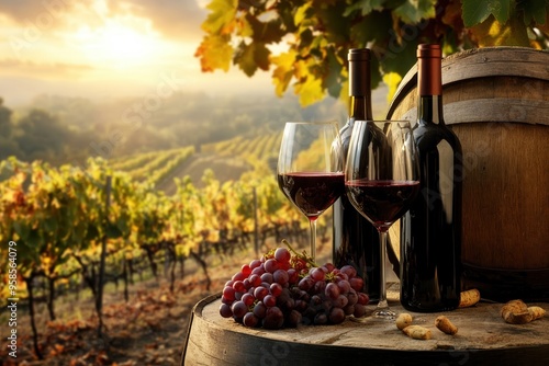 sunset wine tasting in vineyard with grapes and barrels, two wine glasses and two bottles of wine photo