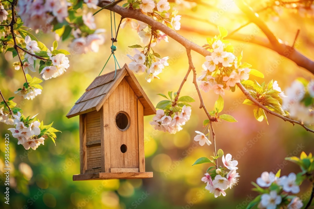 A rustic wooden birdhouse hangs from a blooming cherry blossom tree branch, surrounded by lush green leaves and A rustic wooden birdhouse hangs from a blooming cherry blossom tree branch, surrounded by lush green leaves and