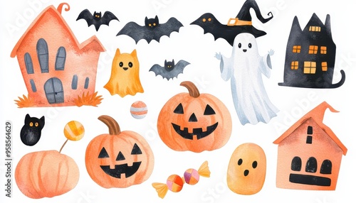 Watercolor Halloween Clipart Featuring Haunted Houses, Pumpkins, Bats, and Ghosts