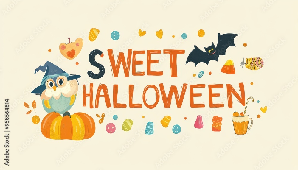 Fototapeta premium Sweet Halloween Greeting with Owl, Bat, and Pumpkin