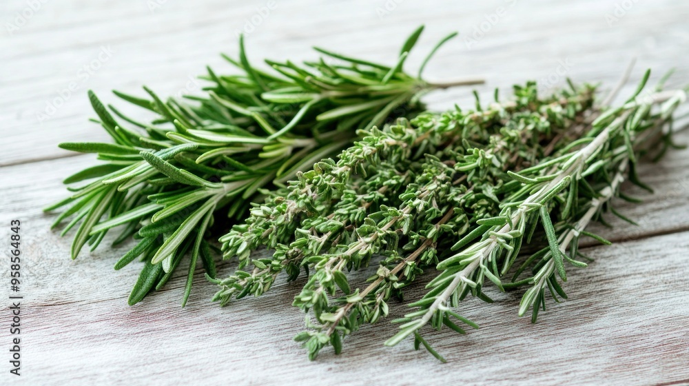 Rosemary and Thyme Sprigs on a Wooden Table