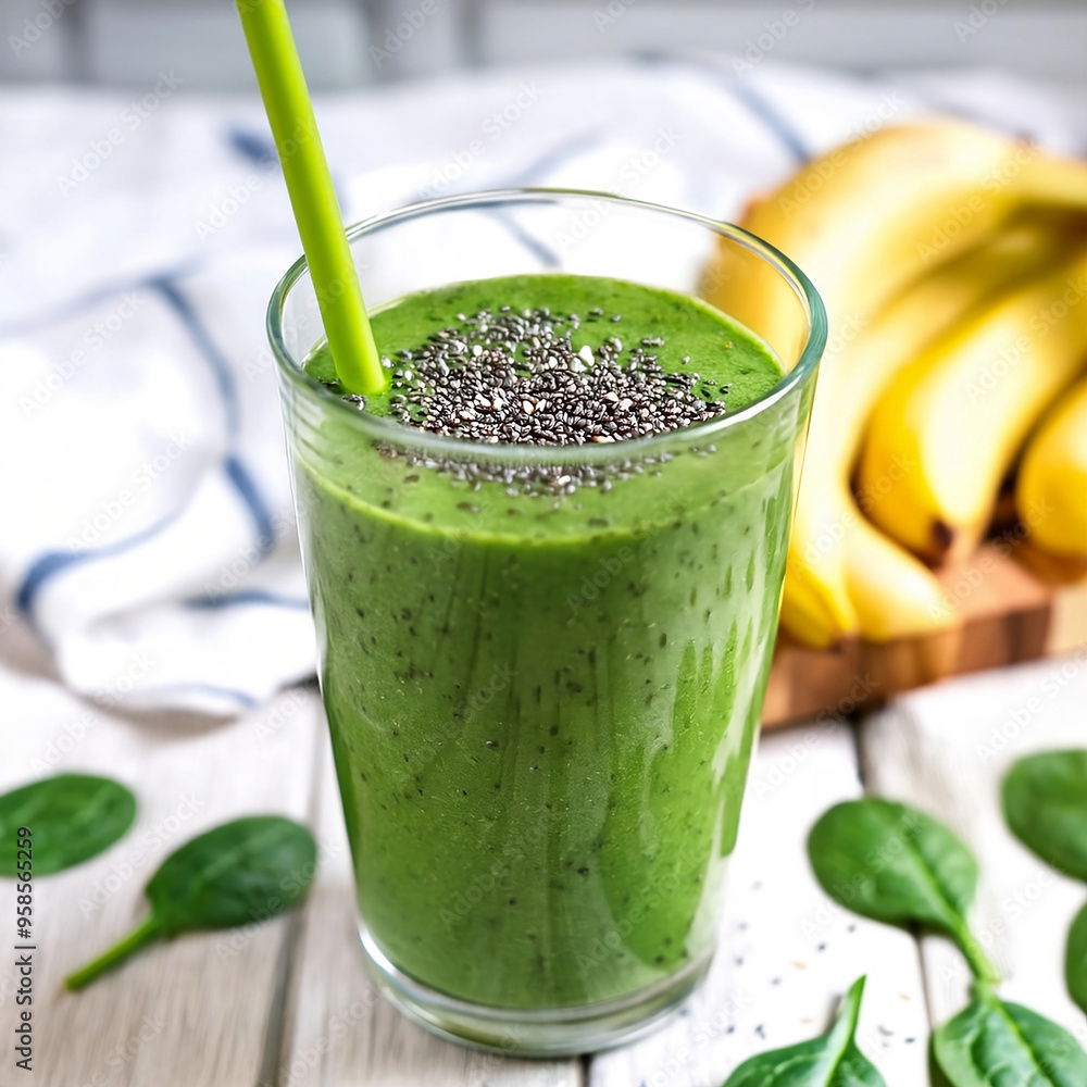 Green spinach nutrition smoothie, banana and jia seeds, healthy drinks. Green spinach nutrition smoothie, banana and jia seeds, healthy drinks.