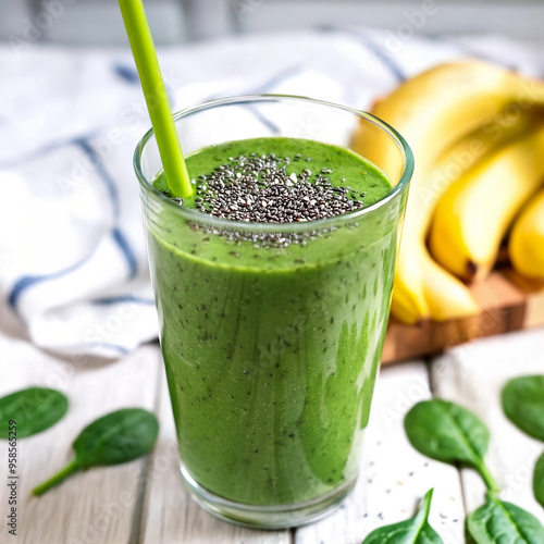 Green spinach nutrition smoothie, banana and jia seeds, healthy drinks. photo