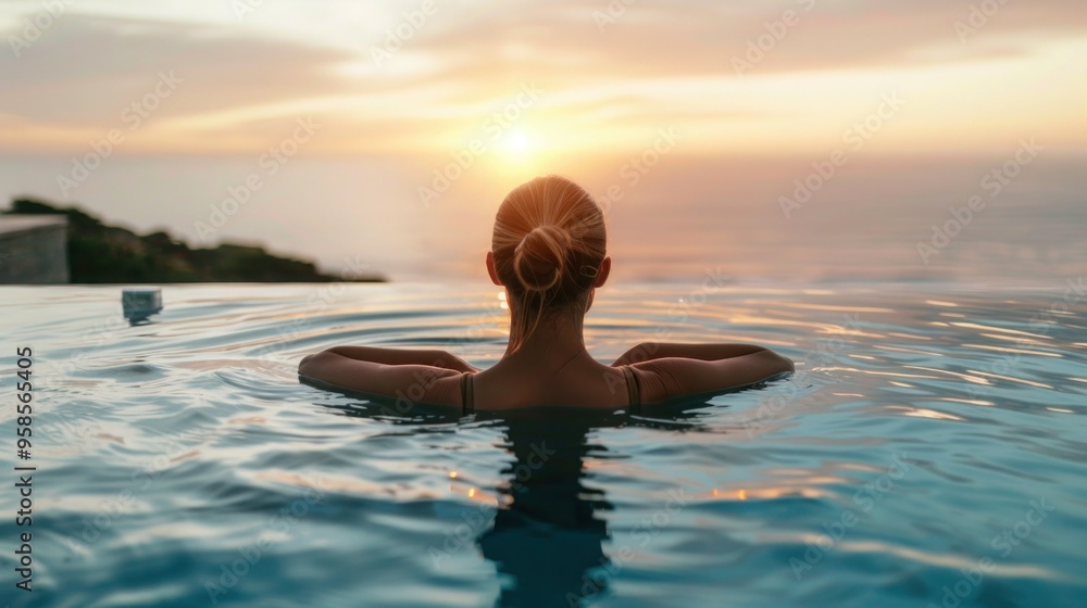Woman relaxing in pool while gazing towards ocean Woman relaxing in pool while gazing towards ocean