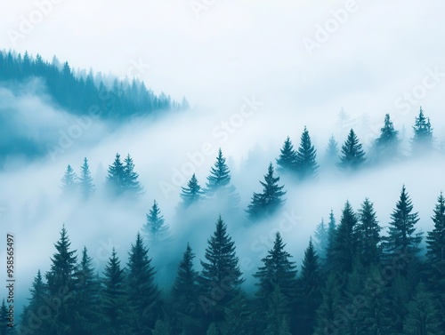 Fog rolling through a mountain pass, foggy weather, mysterious and silent