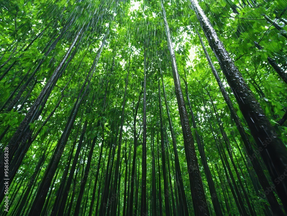 Gentle rain falling on a lush green forest, peaceful weather, nature's tranquility Gentle rain falling on a lush green forest, peaceful weather, nature's tranquility