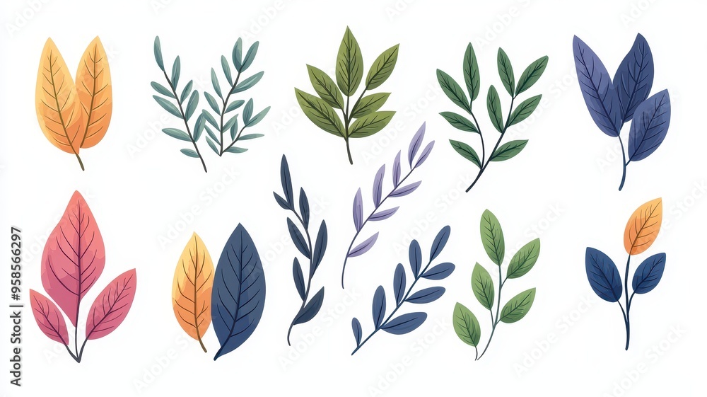A collection of colorful leaves featuring various shapes and hues, perfect for nature-inspired designs and illustrations. A collection of colorful leaves featuring various shapes and hues, perfect for nature-inspired designs and illustrations.
