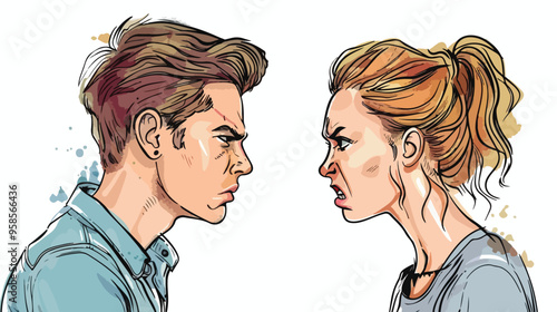 Young Man and Woman Angry and Conflicting Hand-drawn