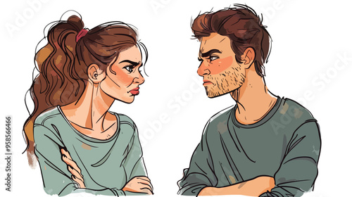 Young Man and Woman Angry and Conflicting Hand-drawn Illustration