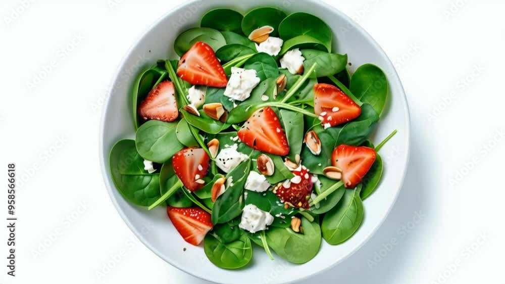 Strawberry salad consists of baby spinach leaves, sliced strawberries, slivered almonds, feta cheese, and a light dressing, all served in a white ceramic bowl. Strawberry salad consists of baby spinach leaves, sliced strawberries, slivered almonds, feta cheese, and a light dressing, all served in a white ceramic bowl.