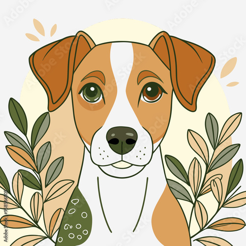 Jack Russell Terrier portrait with cheerful expression surrounded by leaves