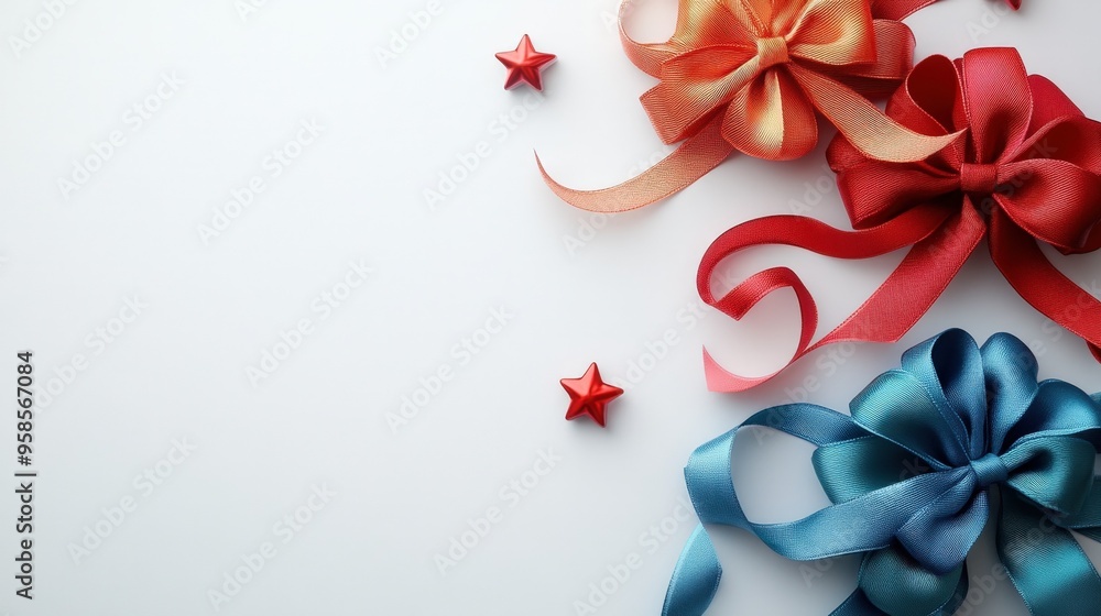 Christmas discount ribbon with festive bow, white background, cute 3D Blender, minimal and colorful Christmas discount ribbon with festive bow, white background, cute 3D Blender, minimal and colorful