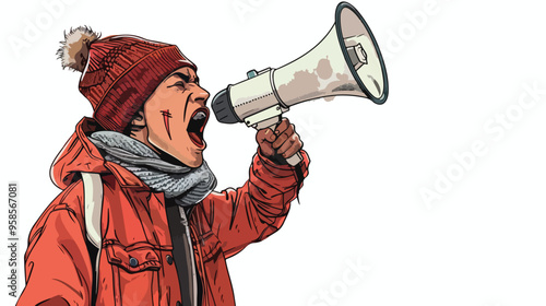 Young Man in Casual Screaming in Megaphone Hand-drawn Illustration