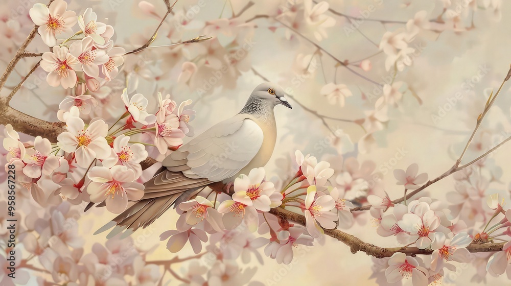 A serene painting of a dove perched on a branch of cherry blossoms. A serene painting of a dove perched on a branch of cherry blossoms.