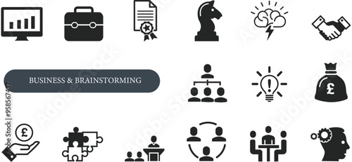 Business And Brainstorming Icons set. analytics, briefcase, Certificate, chess, electric, handshake, hierarchy map, idea, money, payment, puzzle, speaker, team. Vector illustration