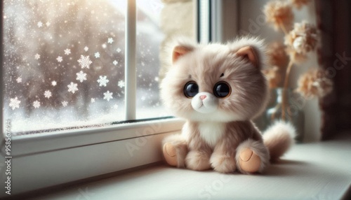 cute plush kitten sitting on a window in winter