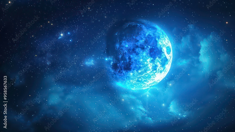 A blue moon shines brightly in a starry night sky, with wispy clouds and twinkling stars. A blue moon shines brightly in a starry night sky, with wispy clouds and twinkling stars.
