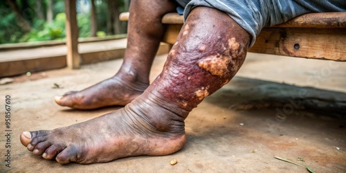 A severely swollen leg and foot, disfigured by elephantiasis, a chronic and debilitating parasitic infection causing photo