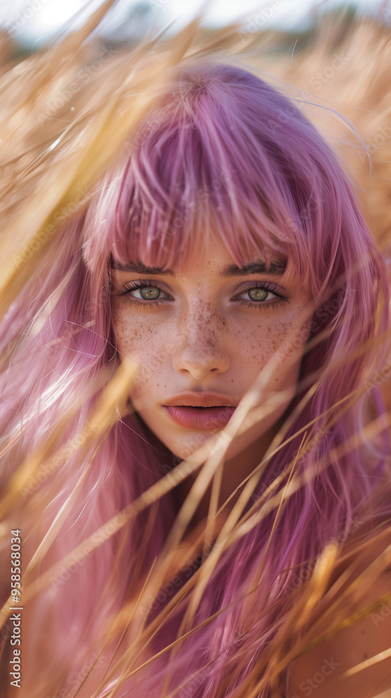 Close-up portrait of a young woman with pink hair and freckles, outdoors in natural light. Close-up portrait of a young woman with pink hair and freckles, outdoors in natural light.