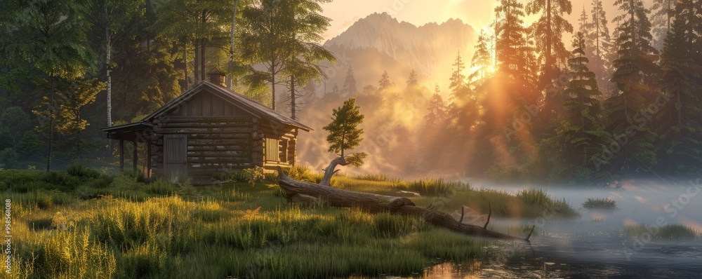 Fototapeta premium Gentle dawn light over a rustic cabin, 4K hyperrealistic photo