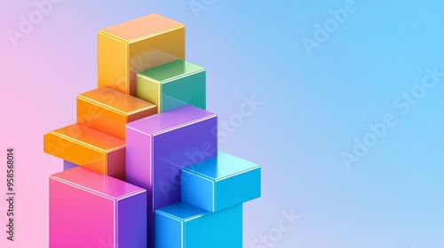 Intricate tower of colorful bricks forming abstract geometric shapes, clean background, modern design aesthetic