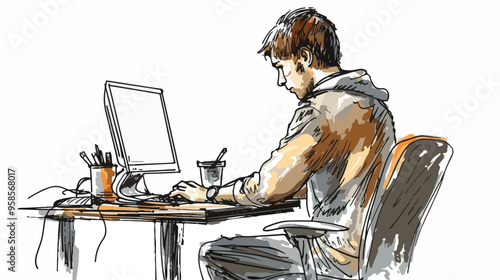 Young Man Working in Office Hand-drawn Vector Illustration