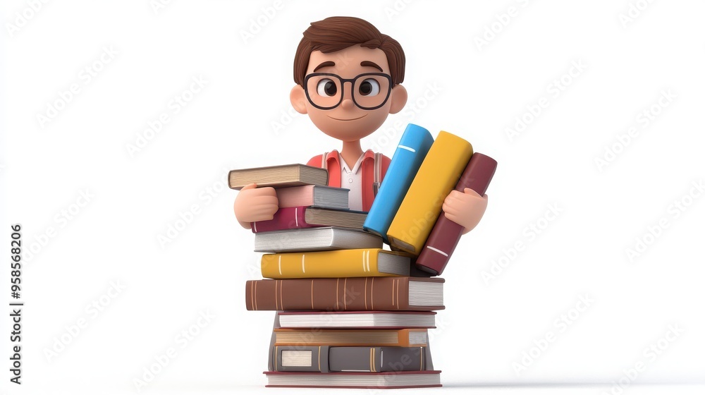 A 3D cartoon librarian character organizing books on a shelf, with a stack of books in their arms, on a white background A 3D cartoon librarian character organizing books on a shelf, with a stack of books in their arms, on a white background