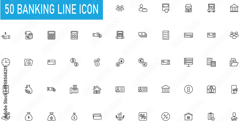 Banking Line Icons set. account, business, capital, cash, checklist, clients, check, currency, dollar, id card, locker, money, percentage, team, donation .Vector illustration Banking Line Icons set. account, business, capital, cash, checklist, clients, check, currency, dollar, id card, locker, money, percentage, team, donation .Vector illustration
