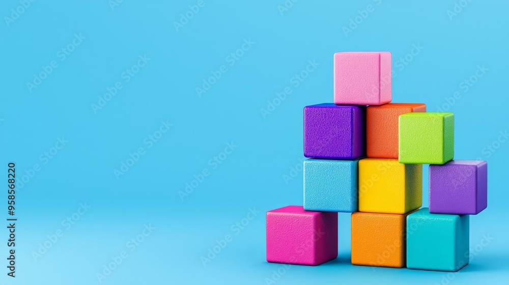 Obraz premium Neatly stacked bright blocks in various colors on solid blue backdrop, representing organization and childhood