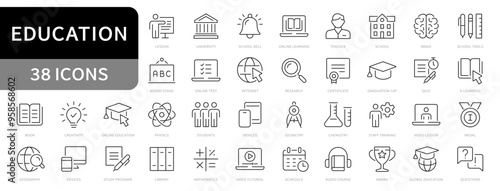 Education and E-learning line icons. Learning, school, university editable stroke icon. Vector