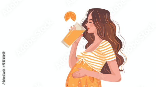 Young Pregnant Woman Drinking Orange Juice with Pleasure
