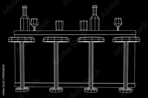 Bar counter with stools, bar top with bottles and glasses. Wireframe low poly mesh vector illustration.