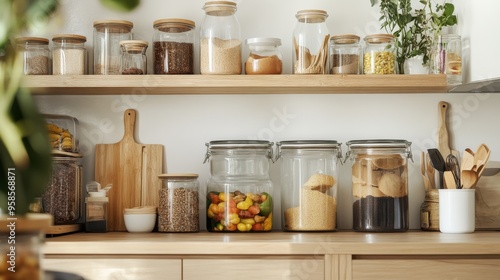 Close-up of a zero waste kitchen, with jars of bulk food, and reusable products.