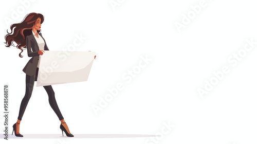 Young Pretty Businesswoman Pulling White Blank Banner