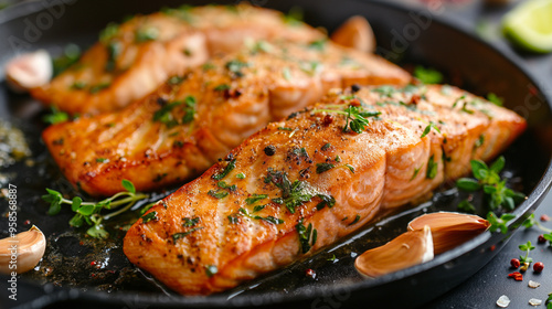 Grilled salmon fillets in a pan, garnished with fresh herbs.