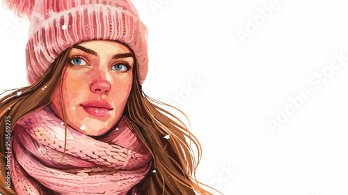 Young Pretty Woman in Warm Winter Hat and Scarf