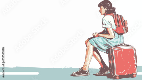 Young Retro Woman Waiting on Road with Her Vintage Bag