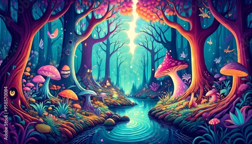 A whimsical vector drawing of a magical forest, with stylized trees, fantastical creatures, and a bright, imaginative color palette.