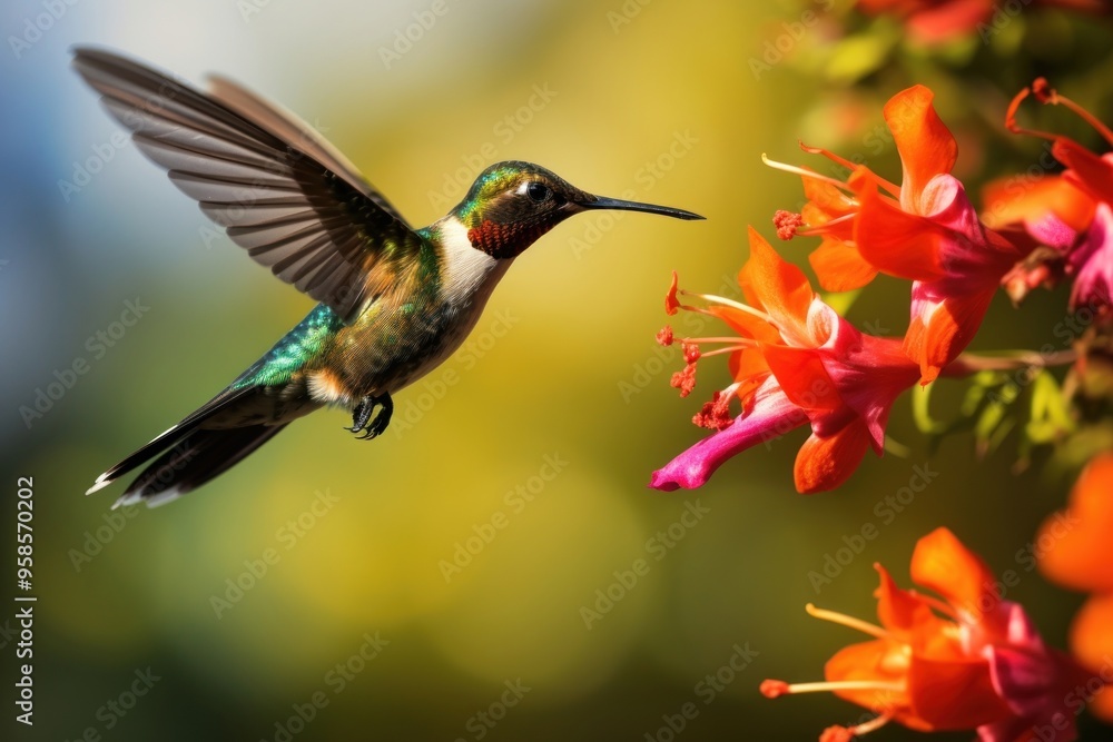 Fototapeta premium Hummingbird flying with colorful flower animal plant beak.