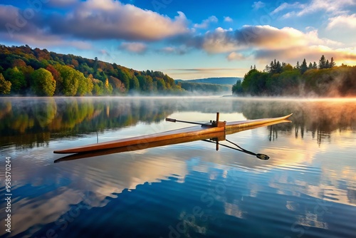 A sleek, wooden rowing shell glides effortlessly across the serene, misty lake, its precise reflections mirrored on the photo